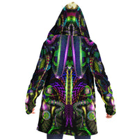 Mystic Temptation II Micro Fleece Cloak, Hooded Wearable Art, Psychedelic Festival Layer — front — hood lowered