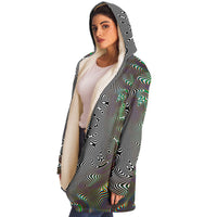 Prismatic Frequency Micro Fleece Cloak, Hooded Wearable Art, Psychedelic Festival Layer — wearer-right three-quarter — hood lowered
