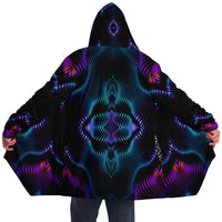 Xenoform Micro Fleece Cloak, Hooded Wearable Art, Psychedelic Festival Layer — back spread — hood raised