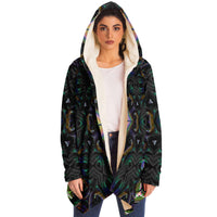 Hyperjewels Micro Fleece Cloak, Hooded Wearable Art, Psychedelic Festival Layer — back — hood raised