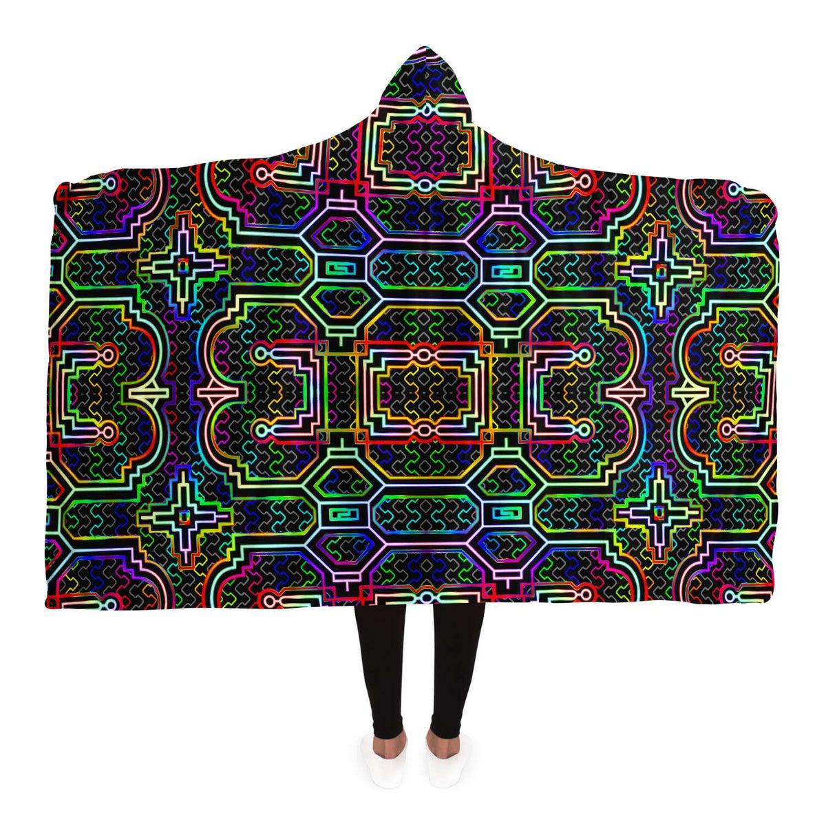 Icaro Hooded Blanket, Neon Circuit Geometric Sherpa Throw, Futuristic Boho Gift, Luminous Techno Sacred Blanket