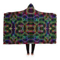 Icaro Hooded Blanket, Neon Circuit Geometric Sherpa Throw, Futuristic Boho Gift, Luminous Techno Sacred Blanket