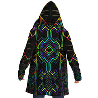 Tryptek II Micro Fleece Cloak, Hooded Wearable Art, Psychedelic Festival Layer — front — hood lowered