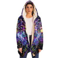 Union of Opposites Micro Fleece Cloak, Hooded Wearable Art, Psychedelic Festival Layer — back — hood raised