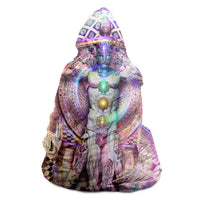 Vitruvian Spirit Hooded Blanket, Chakra Figure Sacred Geometry Sherpa Throw, Visionary Art Gift, Esoteric Diagram Blanket