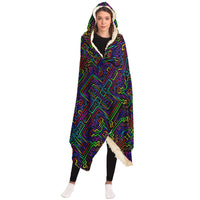 Prismatic Overlay Hooded Blanket, Neon Labyrinth Geometric Sherpa Throw, Futuristic Boho Gift, Glowing Circuit Blanket