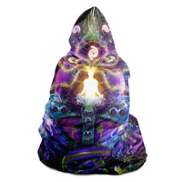 Union of Opposites Visionary Hooded Blanket, Meditating Figure Neon Sherpa Throw, Boho Meditation Gift, Spiritual Cosmic Throw