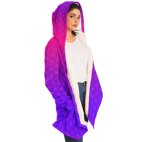 Sacral Bloom Micro Fleece Cloak, Hooded Wearable Art, Psychedelic Festival Layer — front — hood lowered