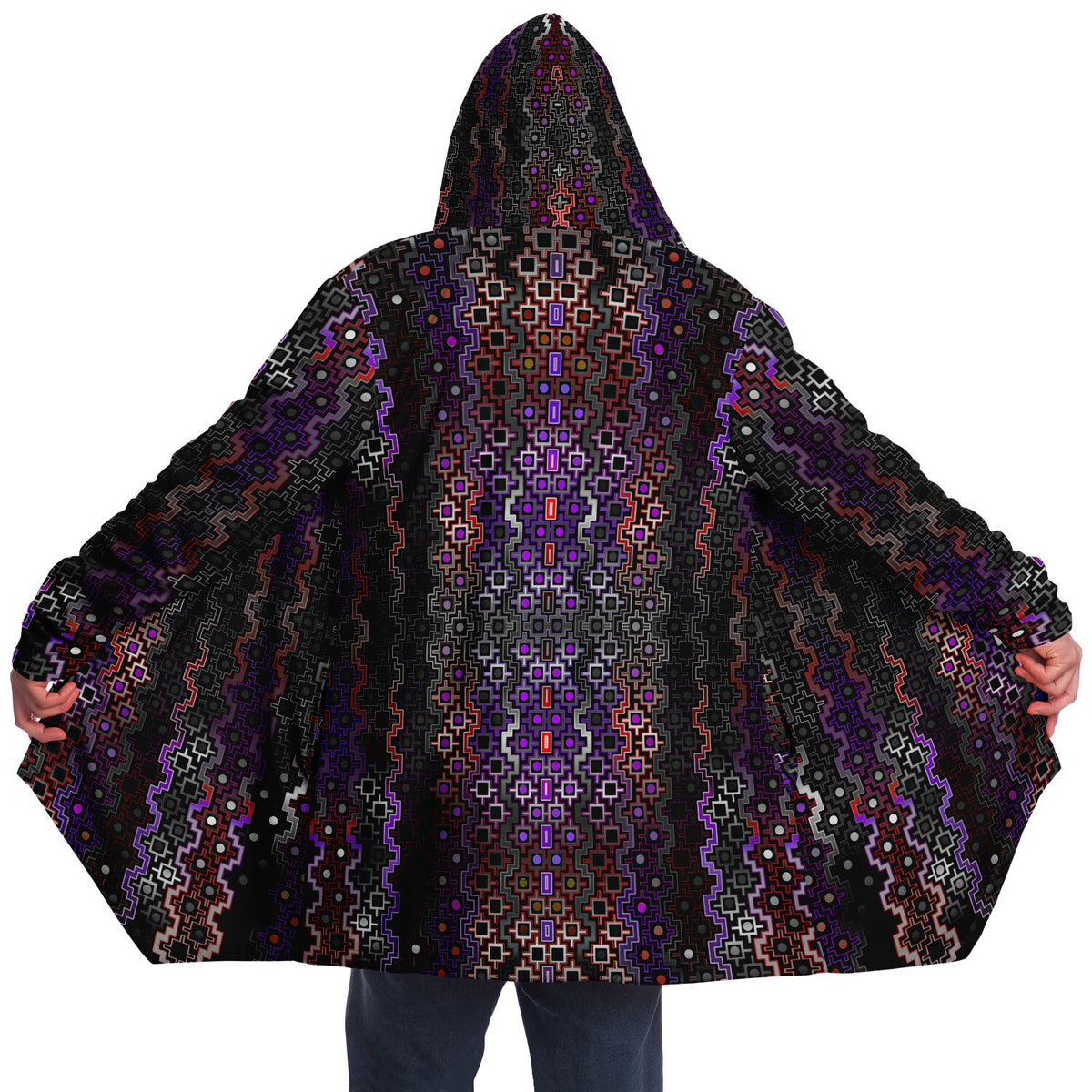 Twilight Healing Micro Fleece Cloak, Hooded Wearable Art, Psychedelic Festival Layer — front — hood raised