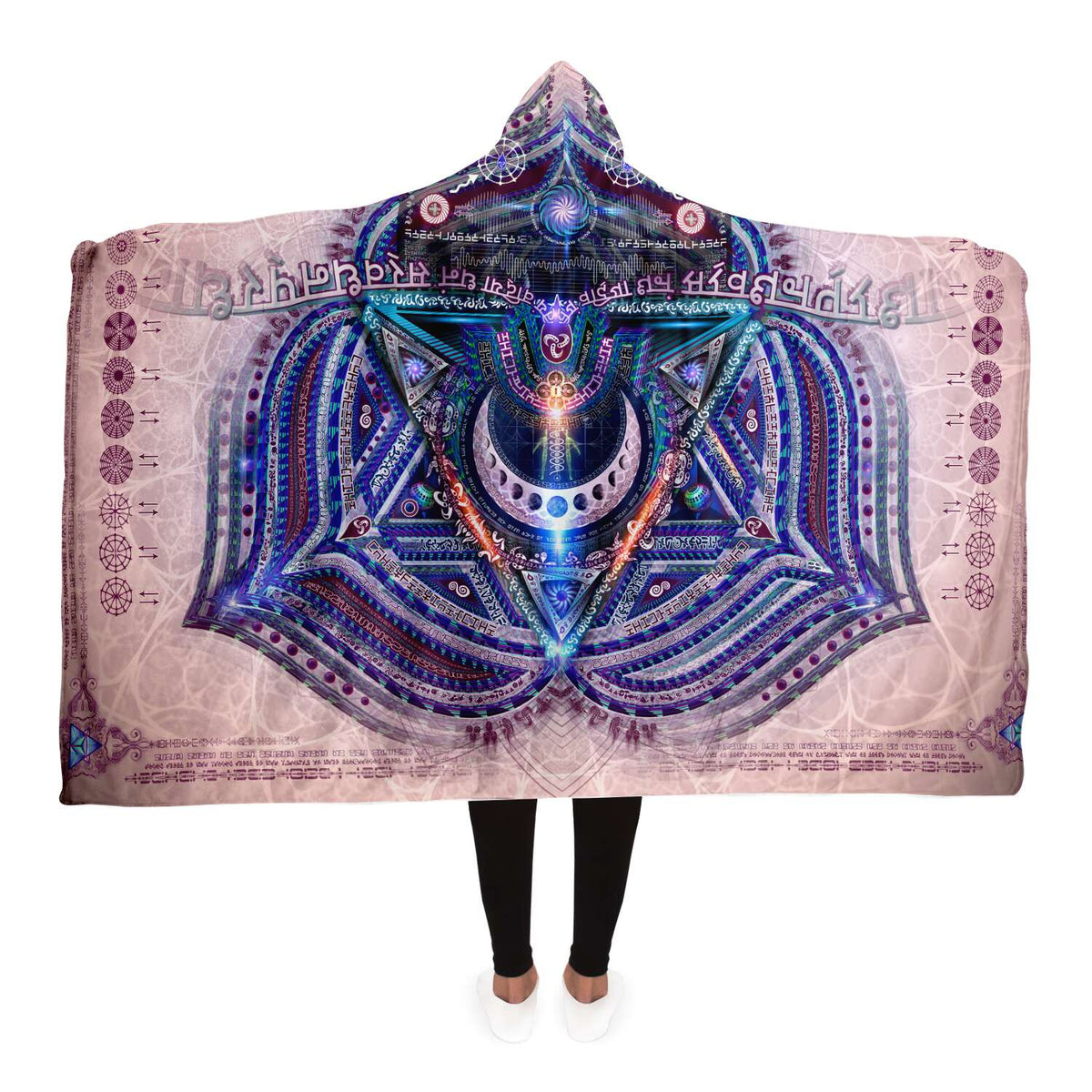 Vishuddha Throat Chakra Hooded Blanket, Blue Mandala Sherpa Throw, Meditation Gift, Sacred Geometry Vocal Blanket