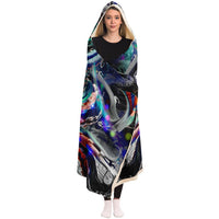 Phantasmagoria Hooded Blanket, Organic Neon Sherpa Throw, Surreal Visionary Gift, Sacred Geometry Void Blanket