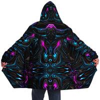 Liquid Sky Micro Fleece Cloak, Hooded Wearable Art, Psychedelic Festival Layer — front — hood raised