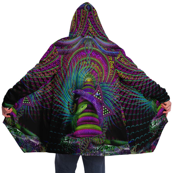 Kundalini Rising Micro Fleece Cloak, Hooded Wearable Art, Psychedelic Festival Layer — front — hood raised