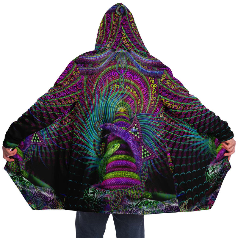 Kundalini Rising Micro Fleece Cloak, Hooded Wearable Art, Psychedelic Festival Layer — front — hood raised