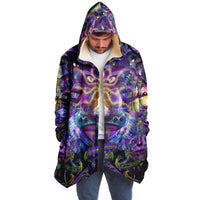 Union of Opposites Micro Fleece Cloak, Hooded Wearable Art, Psychedelic Festival Layer — back spread — hood raised
