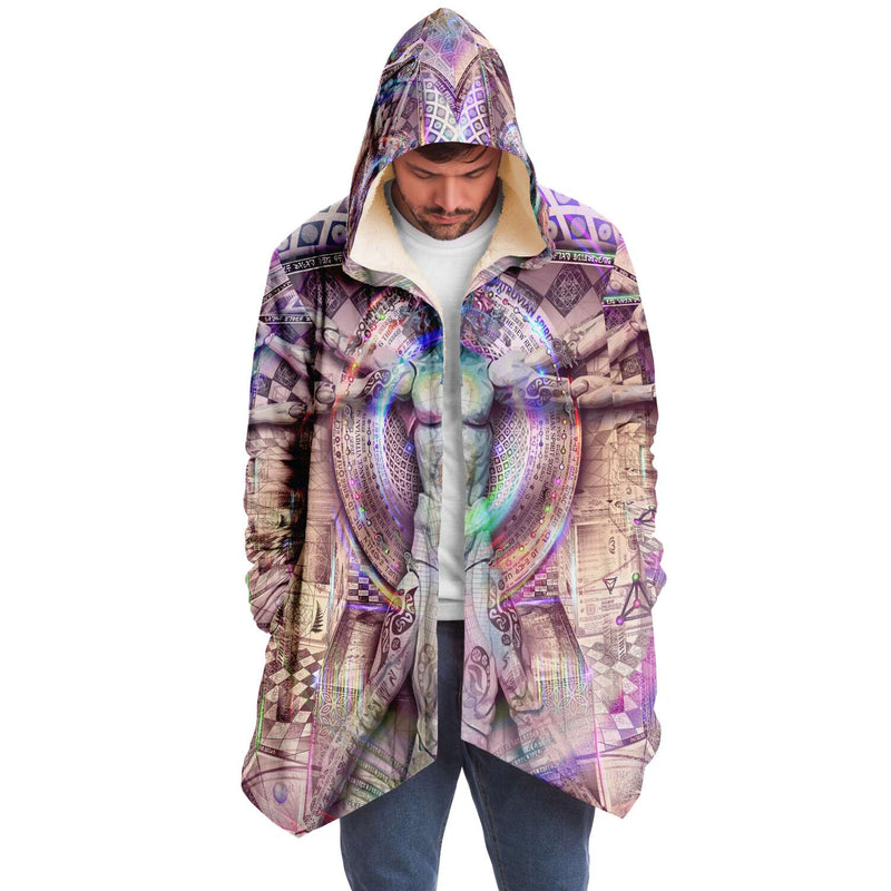 Vitruvian Spirit Micro Fleece Cloak, Hooded Wearable Art, Psychedelic Festival Layer — front — hood raised