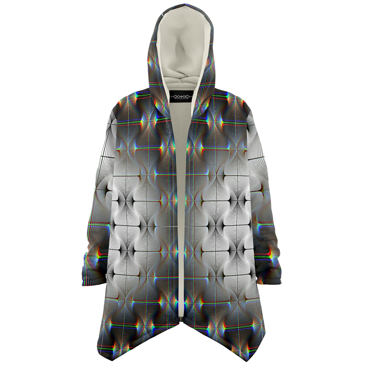 Tripswitch Micro Fleece Cloak, Hooded Wearable Art, Psychedelic Festival Layer — front — hood raised