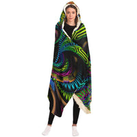 Primordial Presence Hooded Blanket, Cosmic Mask Neon Sherpa Throw, Visionary Spiritual Gift, Ancient Sacred Geometry Blanket