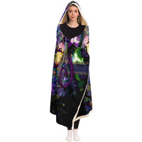 Union of Opposites Visionary Hooded Blanket, Meditating Figure Neon Sherpa Throw, Boho Meditation Gift, Spiritual Cosmic Throw