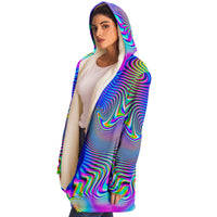 Holowave Micro Fleece Cloak, Hooded Wearable Art, Psychedelic Festival Layer — wearer-right three-quarter — hood lowered