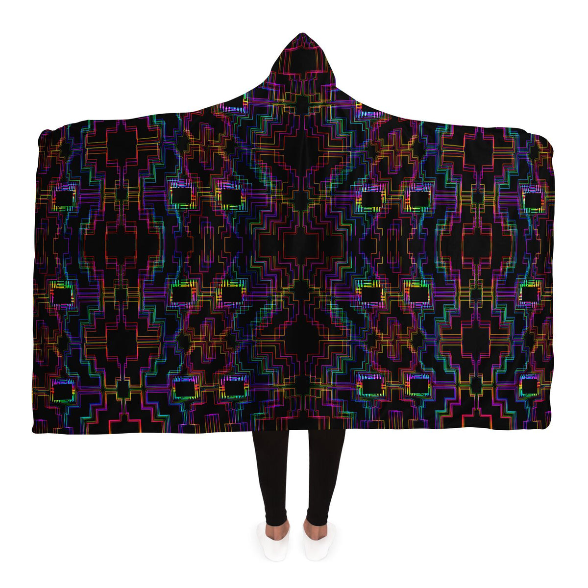 Psytron Hooded Blanket, Neon Digital Geometric Sherpa Throw, Futuristic Boho Gift, Luminous Techno Sacred Blanket
