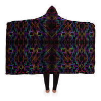 Psytron Hooded Blanket, Neon Digital Geometric Sherpa Throw, Futuristic Boho Gift, Luminous Techno Sacred Blanket