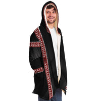 Urban Samurai Micro Fleece Cloak, Hooded Wearable Art, Psychedelic Festival Layer — wearer-right three-quarter — hood raised