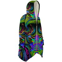 Primordial Micro Fleece Cloak, Hooded Wearable Art, Psychedelic Festival Layer — front — hood lowered