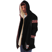 Urban Samurai Micro Fleece Cloak, Hooded Wearable Art, Psychedelic Festival Layer — wearer-left three-quarter — hood raised