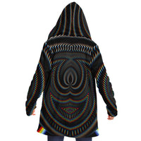 Waveform Micro Fleece Cloak, Hooded Wearable Art, Psychedelic Festival Layer — front — hood lowered