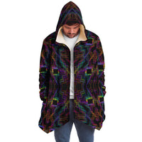 Psytron Micro Fleece Cloak, Hooded Wearable Art, Psychedelic Festival Layer — back spread — hood raised