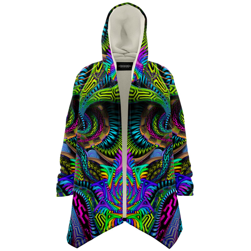 Primordial Micro Fleece Cloak, Hooded Wearable Art, Psychedelic Festival Layer — front — hood raised