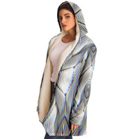 Stoned Micro Fleece Cloak, Hooded Wearable Art, Psychedelic Festival Layer — wearer-right three-quarter — hood lowered