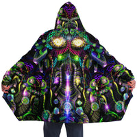 Mystic Temptation Micro Fleece Cloak, Hooded Wearable Art, Psychedelic Festival Layer — back spread — hood raised