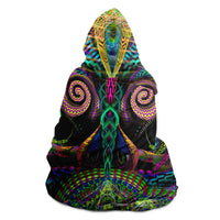 Primordial Presence Hooded Blanket, Cosmic Mask Neon Sherpa Throw, Visionary Spiritual Gift, Ancient Sacred Geometry Blanket