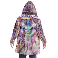 Vitruvian Spirit Micro Fleece Cloak, Hooded Wearable Art, Psychedelic Festival Layer — back — hood raised