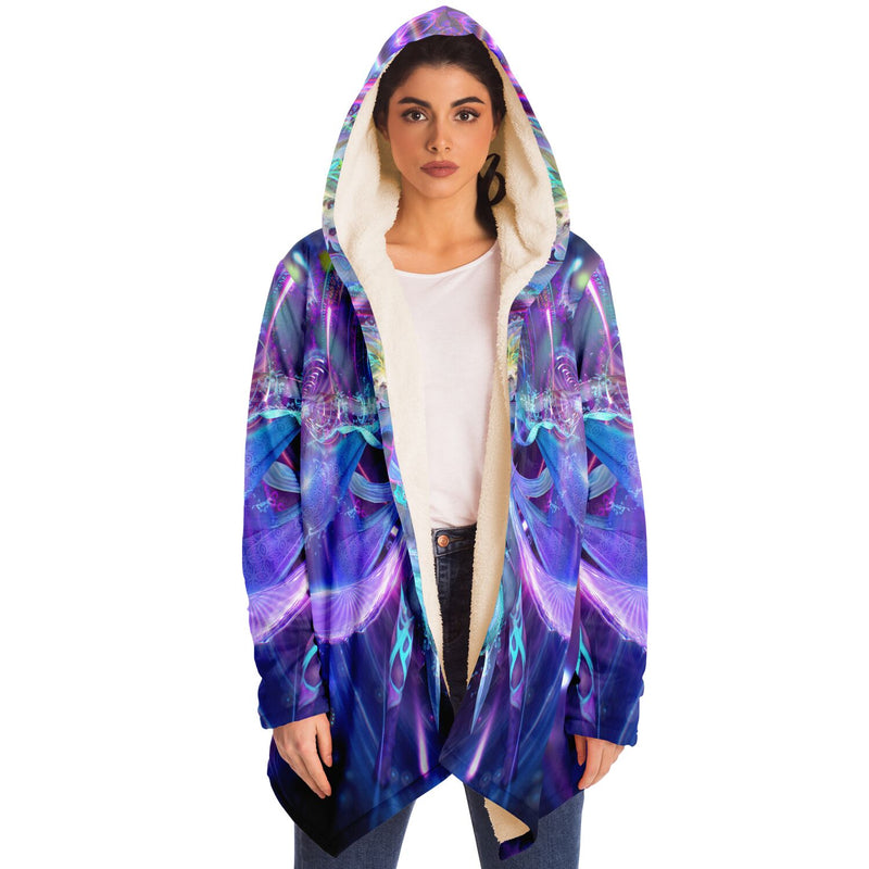 Satyam Shivam Sundaram Micro Fleece Cloak, Hooded Wearable Art, Psychedelic Festival Layer — front — hood raised