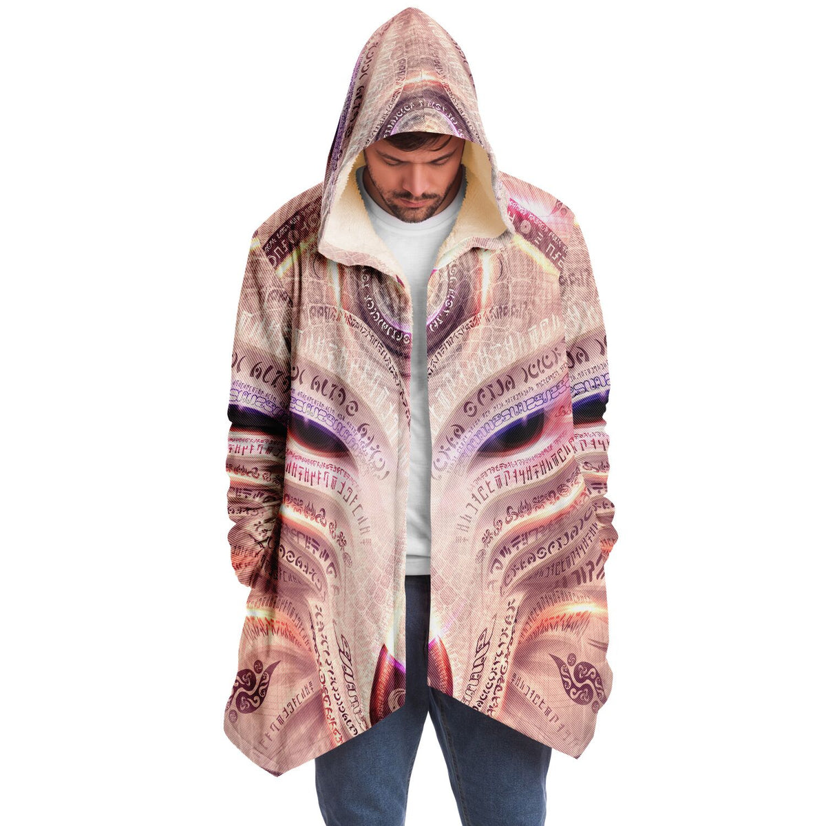 Wolfheart Micro Fleece Cloak, Hooded Wearable Art, Psychedelic Festival Layer — front — hood raised
