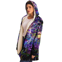 Union of Opposites Micro Fleece Cloak, Hooded Wearable Art, Psychedelic Festival Layer — wearer-right three-quarter — hood lowered