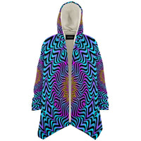 Xenoflow Micro Fleece Cloak, Hooded Wearable Art, Psychedelic Festival Layer — wearer-right three-quarter — hood lowered