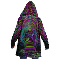 Kundalini Rising Micro Fleece Cloak, Hooded Wearable Art, Psychedelic Festival Layer — front — hood lowered
