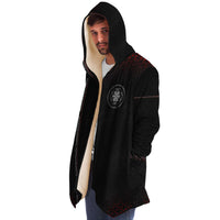 Sacred Cloak Micro Fleece Cloak, Hooded Wearable Art, Psychedelic Festival Layer — wearer-right three-quarter — hood lowered