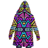 Mystic Mandala Micro Fleece Cloak, Hooded Wearable Art, Psychedelic Festival Layer — front — hood lowered