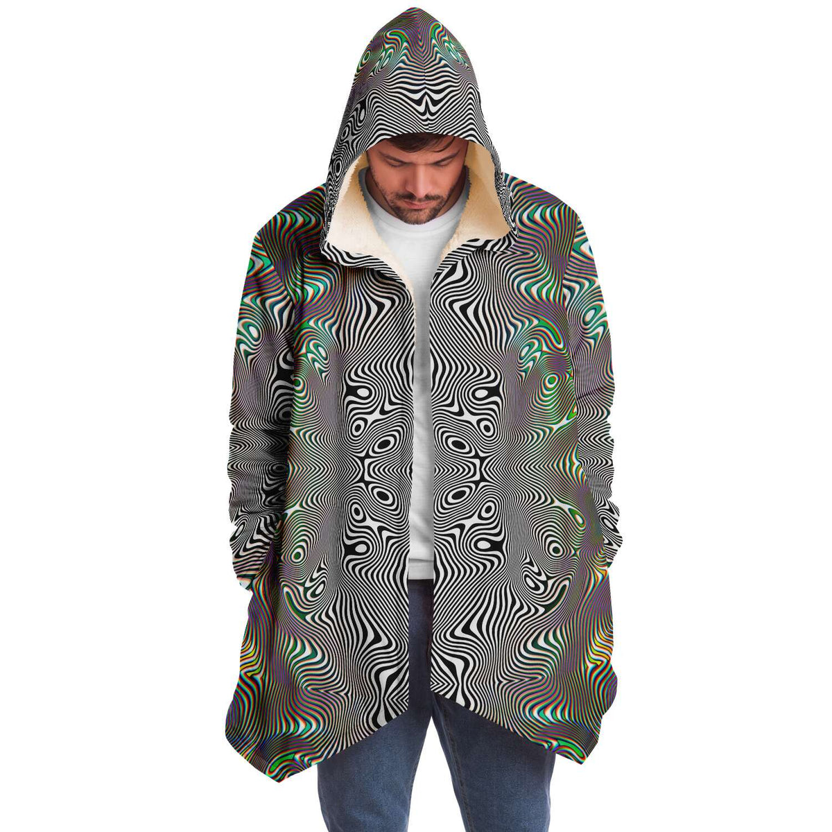 Prismatic Frequency Micro Fleece Cloak, Hooded Wearable Art, Psychedelic Festival Layer — front — hood raised
