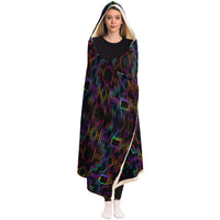 Psytron Hooded Blanket, Neon Digital Geometric Sherpa Throw, Futuristic Boho Gift, Luminous Techno Sacred Blanket