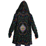 Hyperjewels Micro Fleece Cloak, Hooded Wearable Art, Psychedelic Festival Layer — front — hood lowered