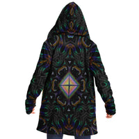 Hyperjewels Micro Fleece Cloak, Hooded Wearable Art, Psychedelic Festival Layer — front — hood lowered