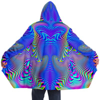 Holowave Micro Fleece Cloak, Hooded Wearable Art, Psychedelic Festival Layer — back — hood raised