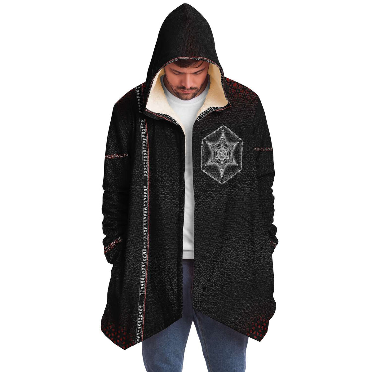 Morningstar Cloak Micro Fleece Cloak, Hooded Wearable Art, Psychedelic Festival Layer — front — hood raised