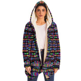 Rainbow Tribe Micro Fleece Cloak, Hooded Wearable Art, Psychedelic Festival Layer — back — hood raised